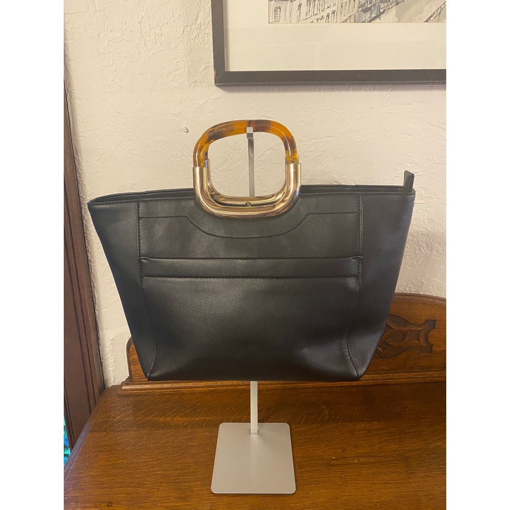 Kelly & Katie Black Faux Leather Tote Bag Tortoiseshell Acrylic Handle Gold Tone